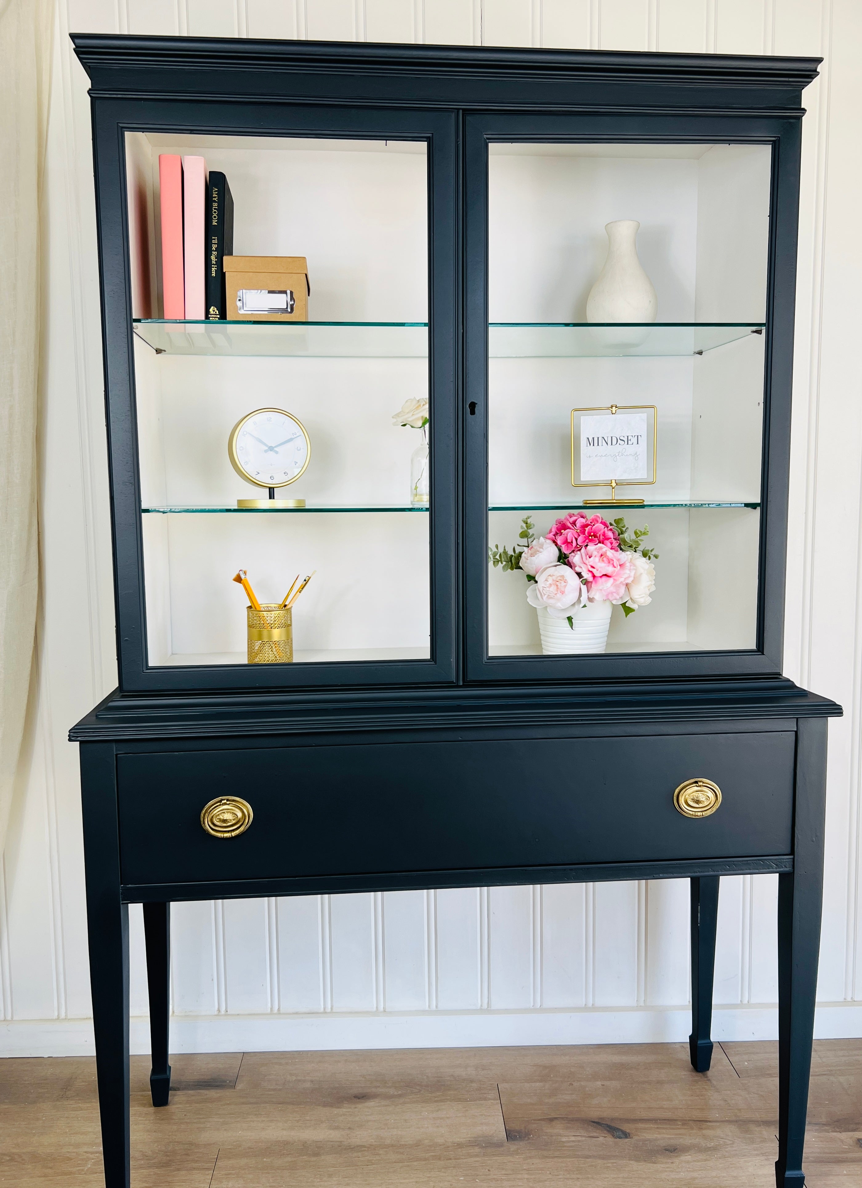 Classic Glass-Door Vintage Cabinet with Drawer