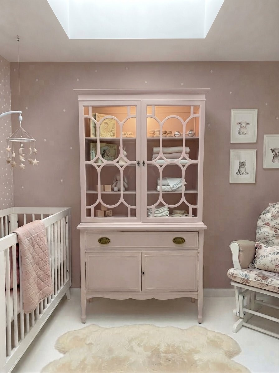 Custom Pink Vintage China Cabinet & Curio Display Hutch